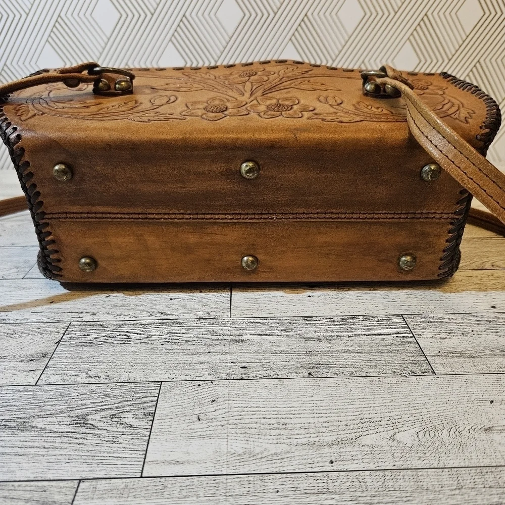 COPY - Vintage Hand Tooled Leather Hard Sided Satchel Bag